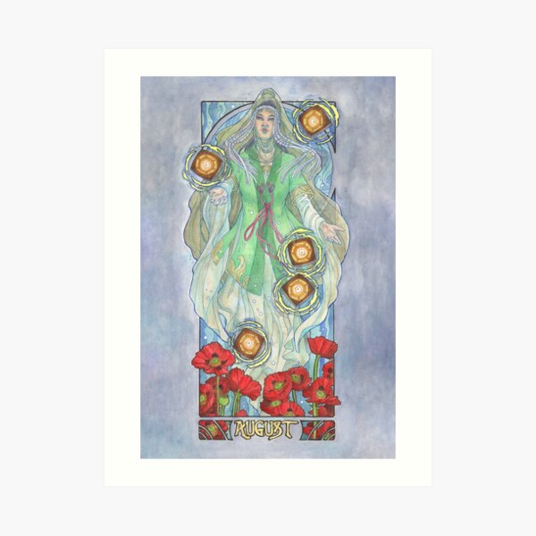 Lady of August with Peridot and Poppies Floating Obon Lanterns Water Goddess Mucha Inspired Birthstone Series Art Print