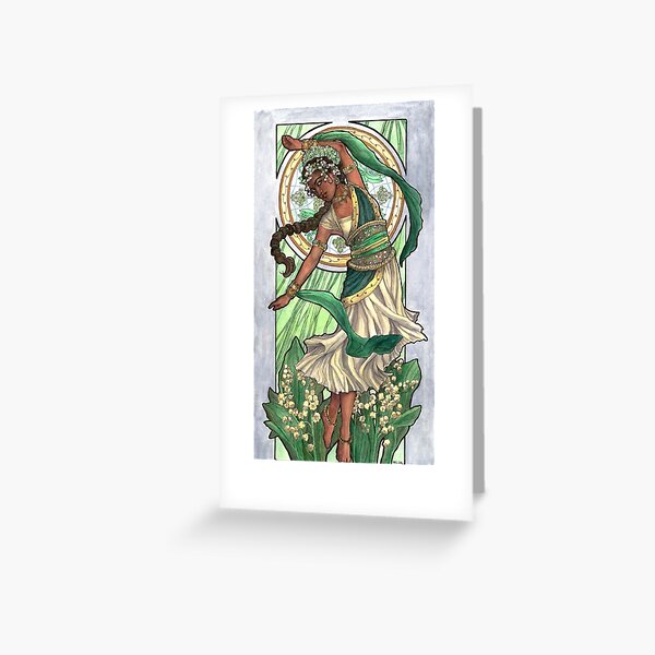 Lady of May with Lily of the Valley and Emerald Dancing Goddess Maiden Mucha Inspired Birthstone Series Greeting Card