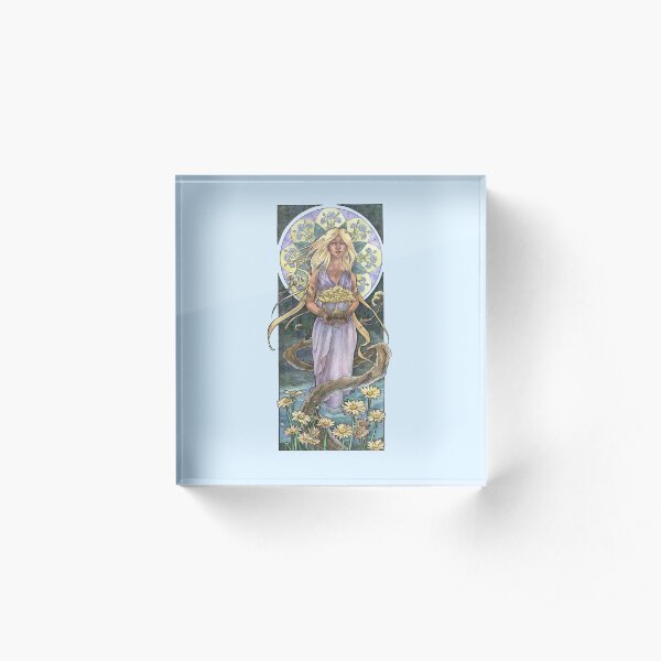 Lady of April with Bonsai and Daisies Mucha Inspired Birthstone Series Acrylic Block