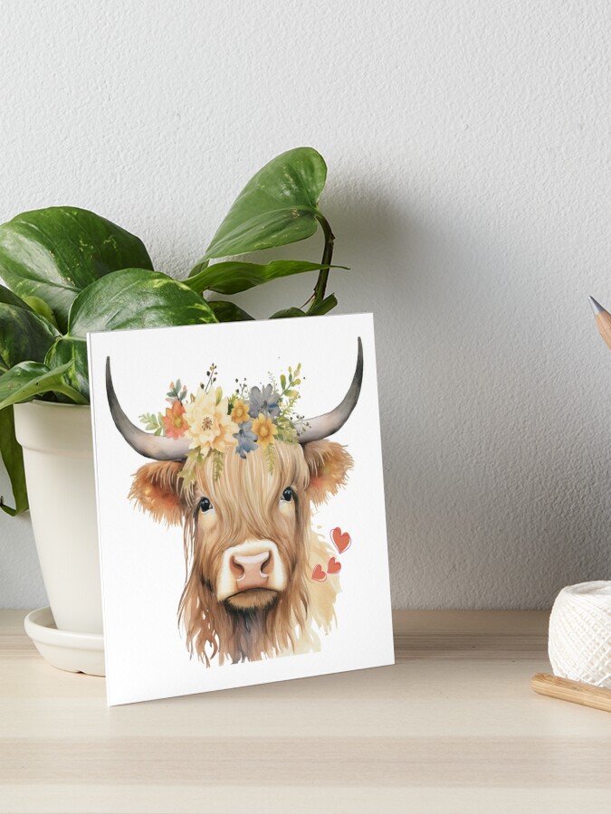 Highland Cow with Spring Greenery Art Board Print for Sale by