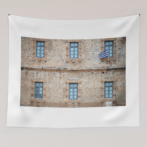 Item preview, an old stone building with a Greek flag, Syntagma Square, Nafplio designed and sold by goceris.