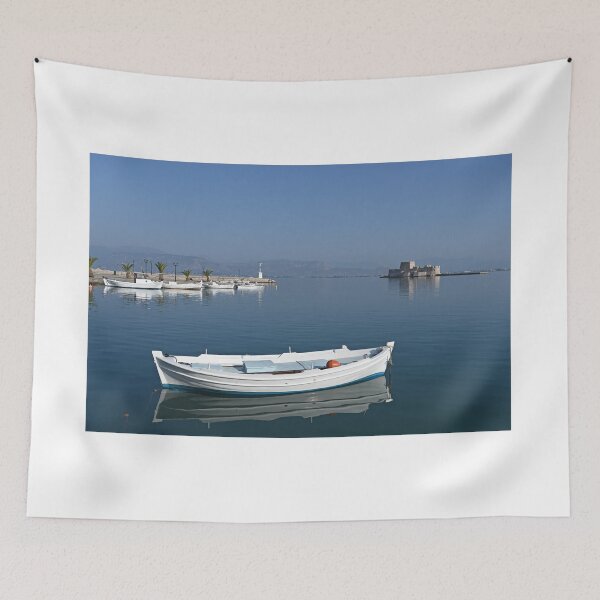 Item preview, White boats and Bourtzi fortress in Nafplio, Peloponnese, Greece designed and sold by goceris.