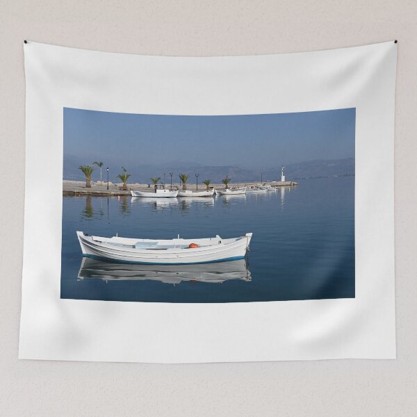 Item preview, White boats and blue sea in the harbor Nafplio Greece designed and sold by goceris.
