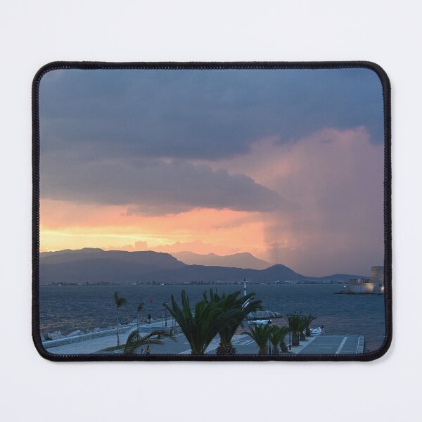 Item preview, stormy sky and sunset over the castle Bourtzi in Nafplio, Greece designed and sold by goceris.