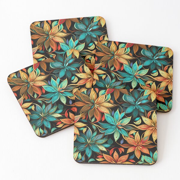 Item preview, Colorful fantasy pattern red yellow blue orange turquoise black flowers designed and sold by G-M-Designs.