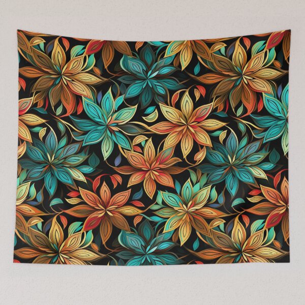 Item preview, Colorful fantasy pattern red yellow blue orange turquoise black flowers designed and sold by G-M-Designs.