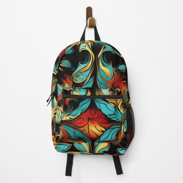 Item preview, Colorful fantasy pattern red yellow blue orange turquoise black flowers leaves designed and sold by G-M-Designs.