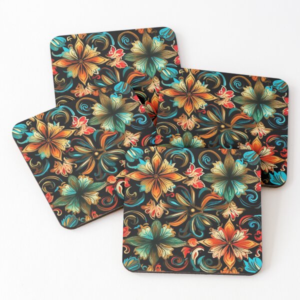 Item preview, Colorful fantasy pattern red yellow blue orange turquoise black flowers designed and sold by G-M-Designs.