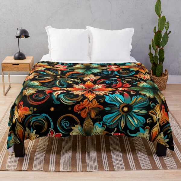 Item preview, Colorful fantasy pattern red yellow blue orange turquoise black flowers designed and sold by G-M-Designs.