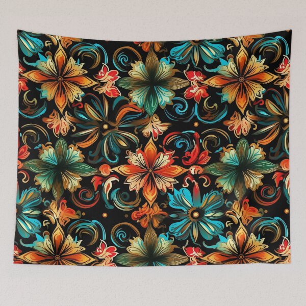 Item preview, Colorful fantasy pattern red yellow blue orange turquoise black flowers designed and sold by G-M-Designs.
