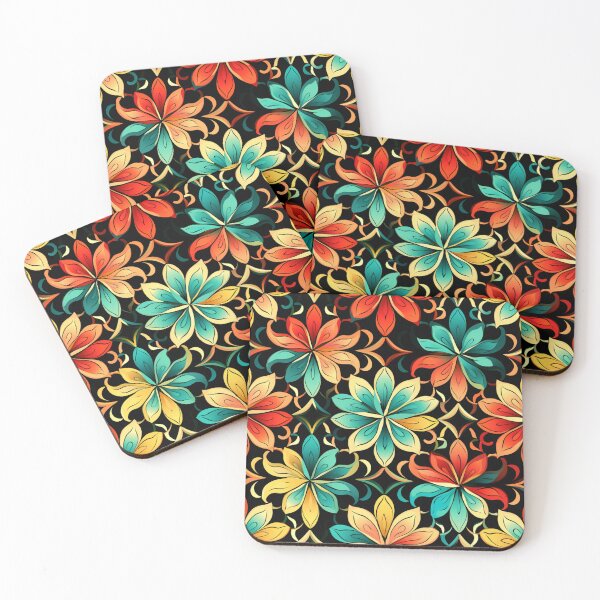 Item preview, Colorful fantasy pattern red yellow blue orange turquoise black flowers designed and sold by G-M-Designs.
