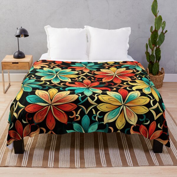 Item preview, Colorful fantasy pattern red yellow blue orange turquoise black flowers designed and sold by G-M-Designs.