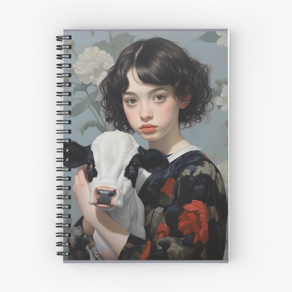Item preview, A girl holding a calf on pale blue floral background designed and sold by Elindith.
