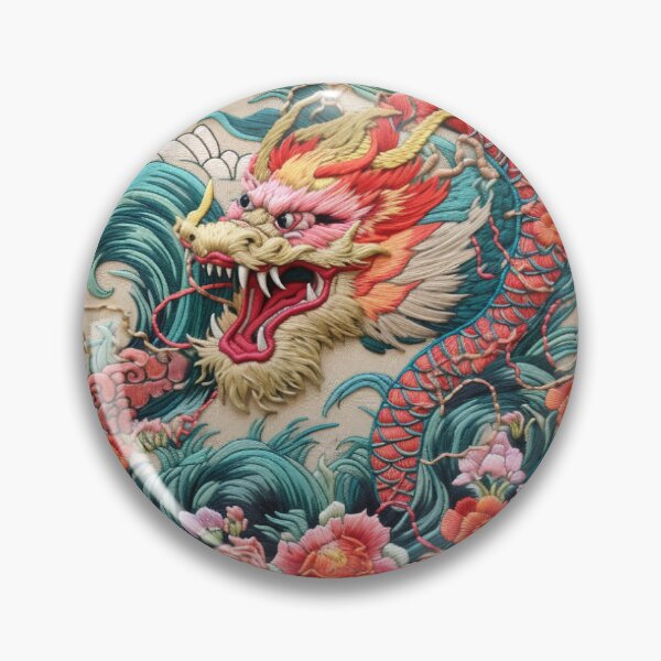 Item preview, AI art: Embroidery of a fierce sea dragon with flowers in waves on beige designed and sold by camertone.