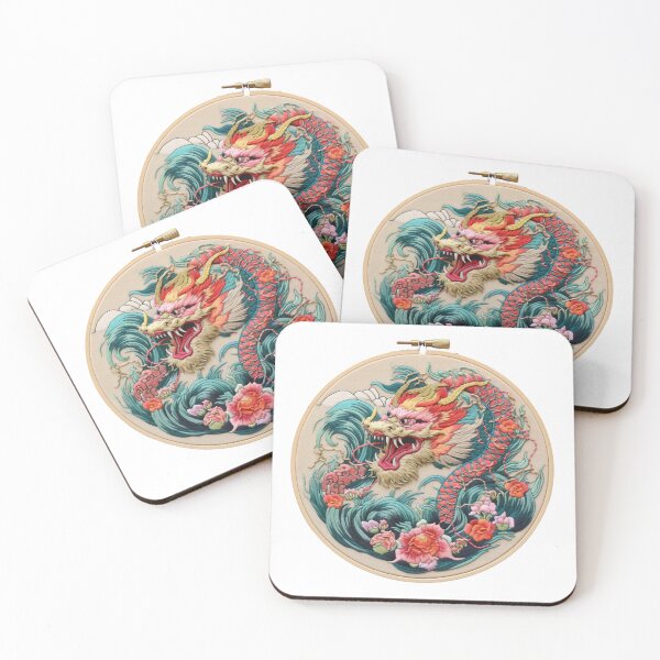 Item preview, AI art: Embroidery of a fierce sea dragon with flowers in waves on beige designed and sold by camertone.