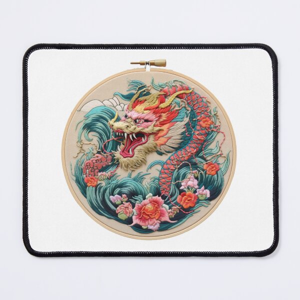 Item preview, AI art: Embroidery of a fierce sea dragon with flowers in waves on beige designed and sold by camertone.