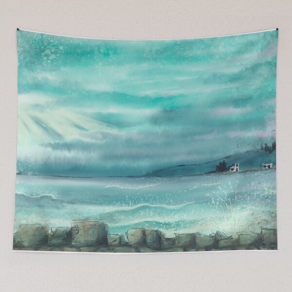 Aperçu de l'œuvre La pluie est sur le chemin - peinture de mer orageuse créée et vendue par CindyGetsArty.