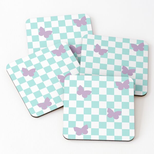 Item preview, Lilac butterflies on teal chequered background designed and sold by AmyJStickers.