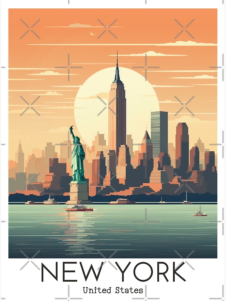 Affiche Voyage Vintage New York City Etats-Unis, Manhattan, Statue  Liberté
