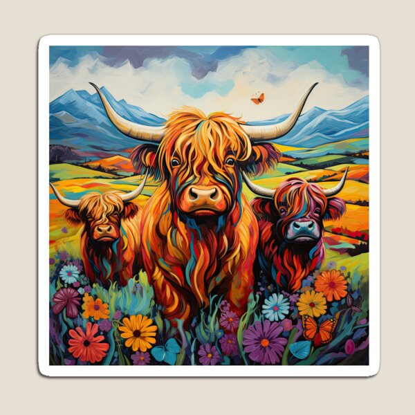 Item preview, Highland cattle, vibrant, bright colours designed and sold by SleepySquirrel.