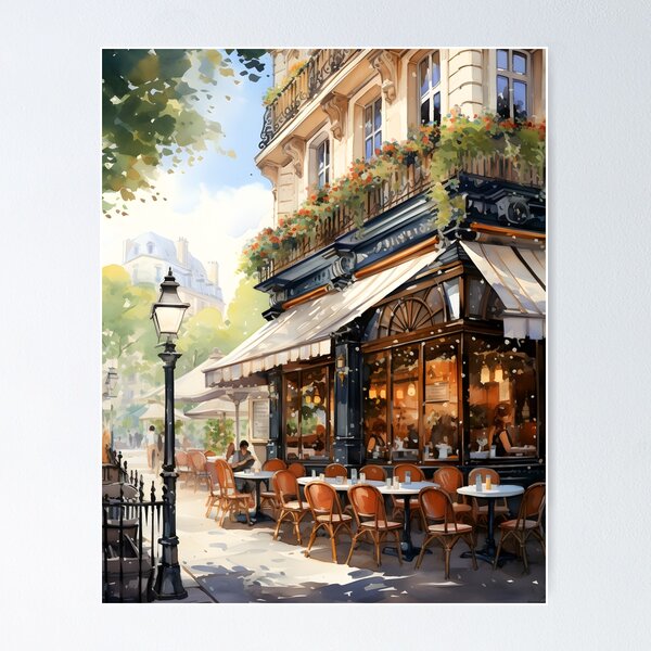 Aperçu de l'œuvre Pause parisienne : scène de café à l'aquarelle créée et vendue par Shirtastically.
