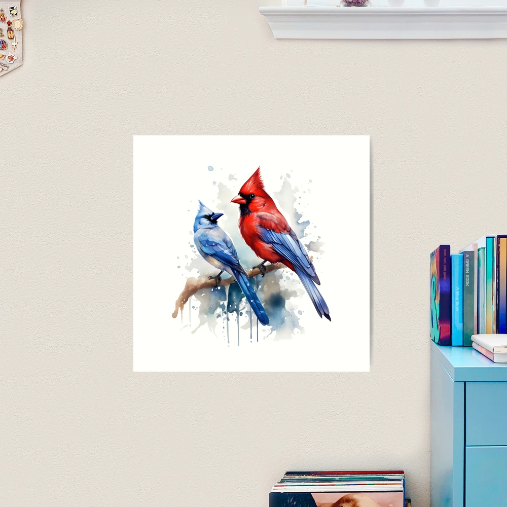 Blue Jay Red Cardinal Snow hot Bird Watercolor Illustration Painting Print 16x20