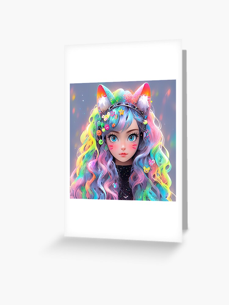 Kawaii Pastel Harajuku Cat Ears Anime Girl Greeting Card for Sale