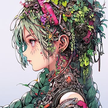 Colorful Braid Cyberpunk Anime Girl | Sticker