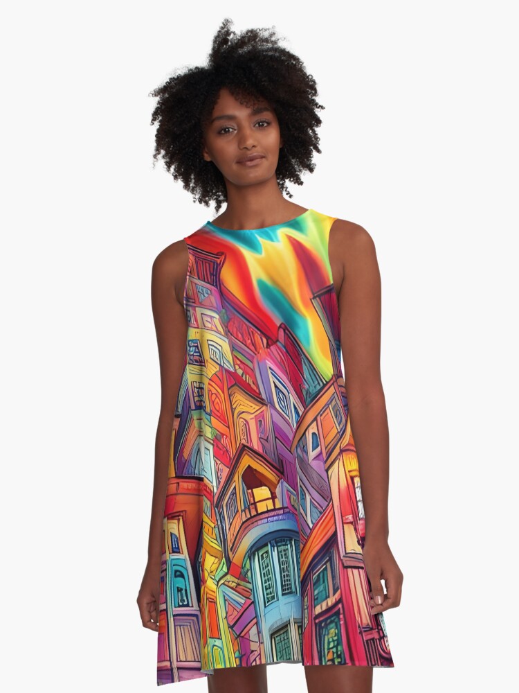 Thumbnail 1 of 4, A-Line Dress, Graffiti City designed and sold by BrooklynPopArts.