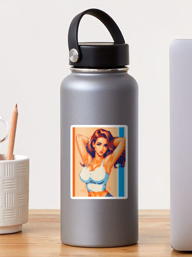 Thumbnail 1 of 3, Sticker, White Tank Retro 8bit Pixel Art Babe designed and sold by 8bitglam.