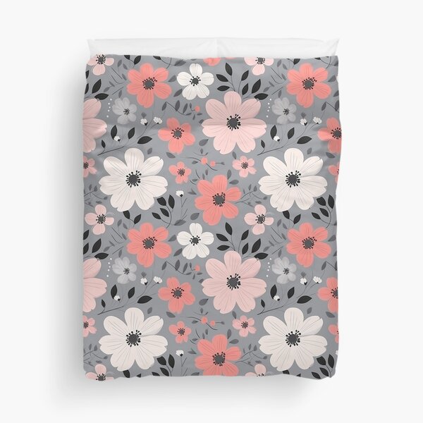 Item preview, Pink Salmon White Grey Flowers Grey Background Pattern designed and sold by MaceeJaeDesigns.