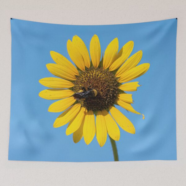 Item preview, Bumblebee pollenating a damaged yellow Sunflower bloom designed and sold by Stretch Clendennen.
