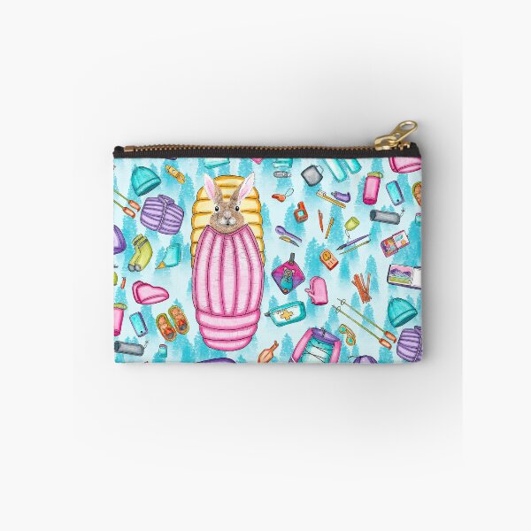 Item preview, Whimsical Backpacking Rabbit Gear Spread Tossed on Aqua designed and sold by Sockstomistic.