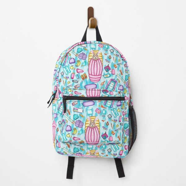 Item preview, Whimsical Backpacking Rabbit Gear Spread Tossed on Aqua designed and sold by Sockstomistic.