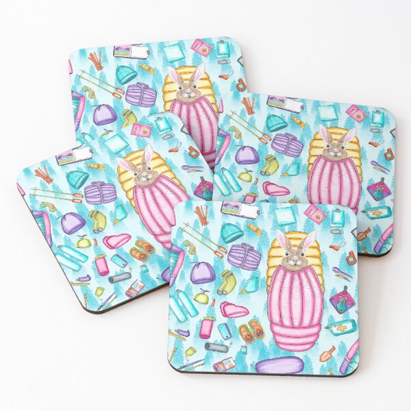 Item preview, Whimsical Backpacking Rabbit Gear Spread Tossed on Aqua designed and sold by Sockstomistic.