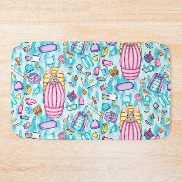 Item preview, Whimsical Backpacking Rabbit Gear Spread Tossed on Aqua designed and sold by Sockstomistic.
