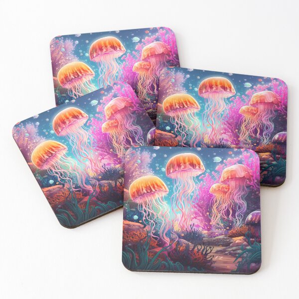 Item preview, A group of colorful jellyfish with long  pink tentacles designed and sold by Carmillai.