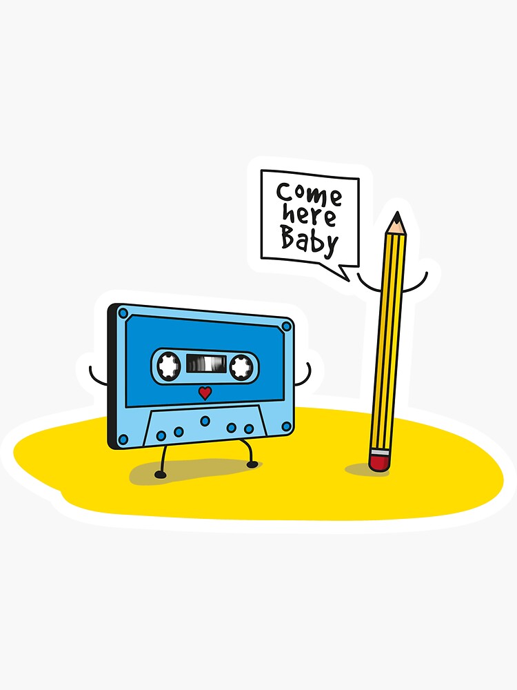 "Funny Cartoon Cassette Tape Loves Pencil" Sticker for Sale by udesignstudio Redbubble