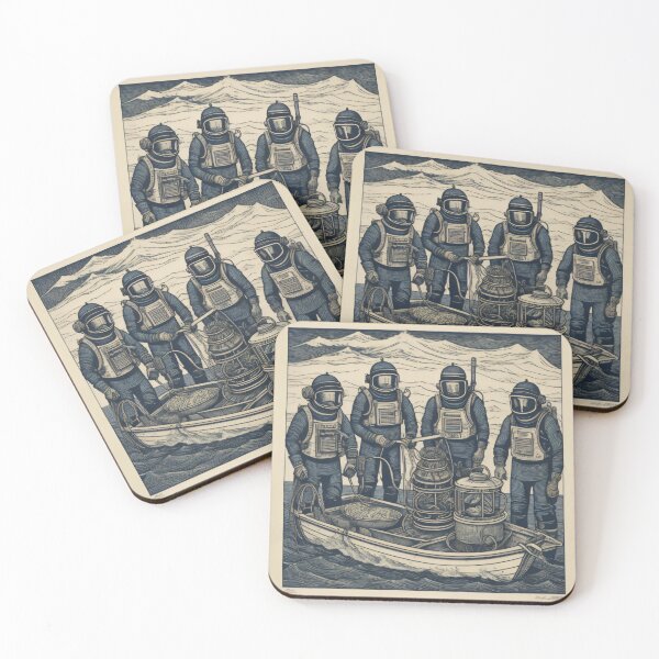 Item preview, Block Print style- Deep Sea Divers with Stand Mixer I designed and sold by TheScooperoni.