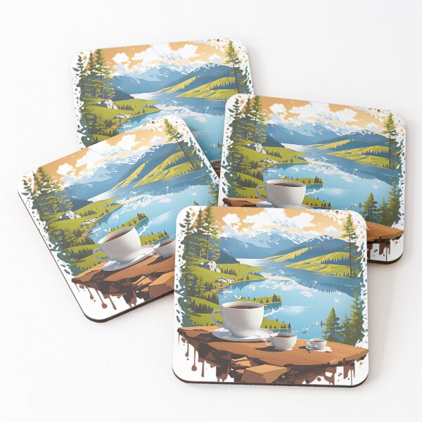 Item preview, cup of coffee while sitting near a lake in the hills designed and sold by ARinternational.