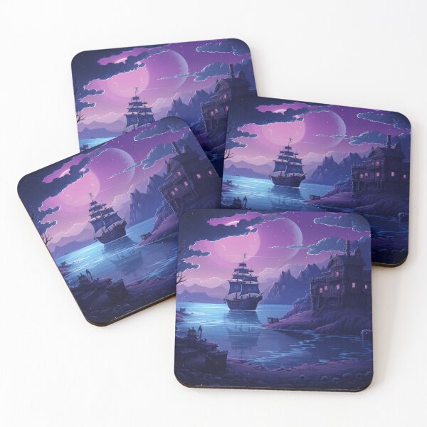Item preview, Magical landscape: Boat sailing towards the house between mountains and purple trees designed and sold by Belltwon.