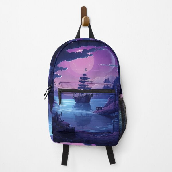 Item preview, Magical landscape: Boat sailing towards the house between mountains and purple trees designed and sold by Belltwon.