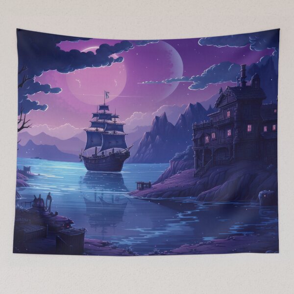 Item preview, Magical landscape: Boat sailing towards the house between mountains and purple trees designed and sold by Belltwon.