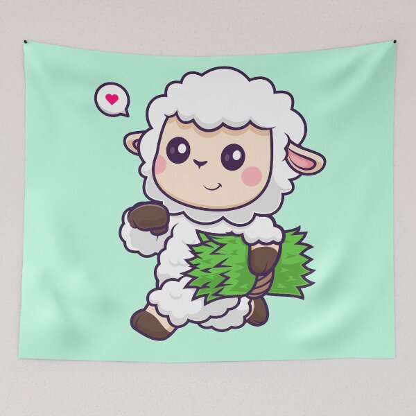 Item preview, Woolly Wonder: Cute Sheep Running and Holding Grass - Cartoon Illustration designed and sold by hjian8219.