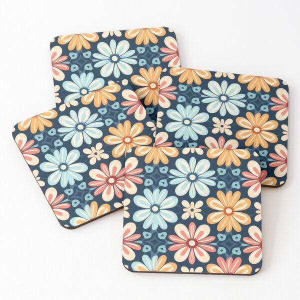 Artikelvorschau, Buntes Fantasiemuster blau rot beige pink gelb schwarz Blüten graphisch entworfen und verkauft von G-M-Designs.