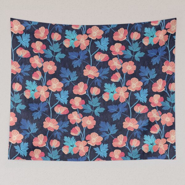 Item preview, Coral Pink and Blue Floral on Dark Textured Background designed and sold by micklyn.