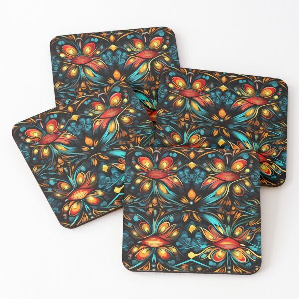 Item preview, Colorful fantasy pattern blue red green turquoise yellow black flowers designed and sold by G-M-Designs.