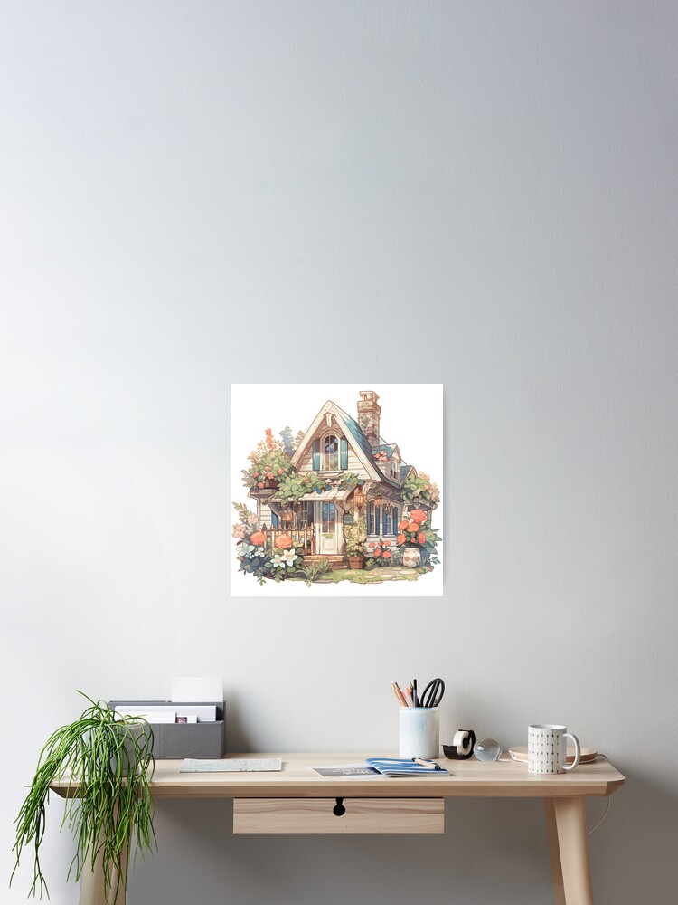 Thumbnail 2 of 3, Poster, Cute Cottage with Flowers in Rustic and Cottagecore Style designed and sold by CozyKawaiiArt.
