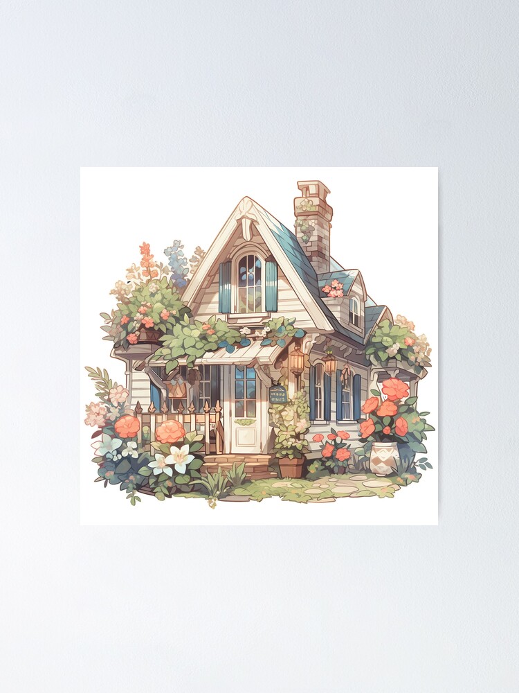 Thumbnail 1 of 3, Poster, Cute Cottage with Flowers in Rustic and Cottagecore Style designed and sold by CozyKawaiiArt.