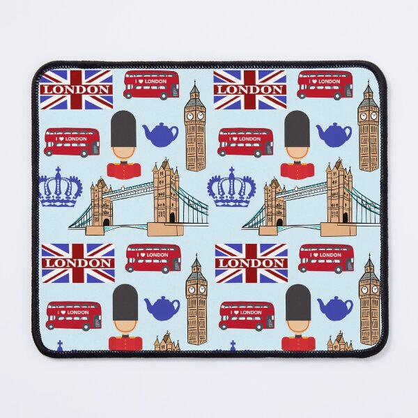 Item preview, London Highlights - Blue | Big Ben, Tower Bridge, Red Bus, Crown, Guard, Flag and Teapot Pattern designed and sold by Lindsay Marie Patterns.